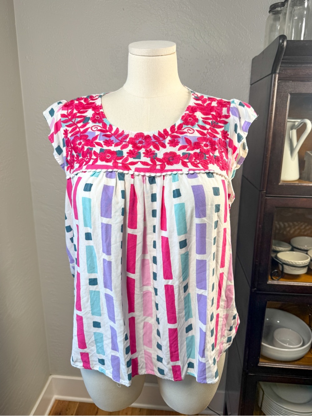 Savanna Jane Embroidered Boho Top Pink Floral Rayon Blouse Plus Size 2X
